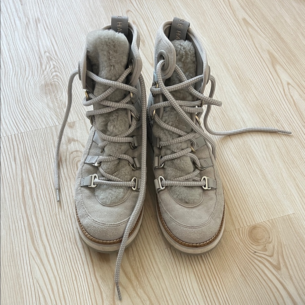 Cole Haan Taupe Suede Shearling Lace-Up Boots
